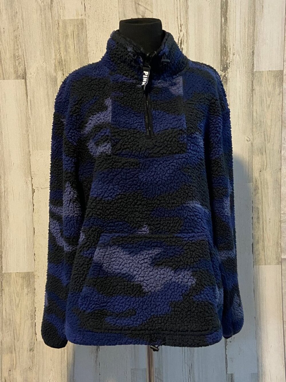 PINK Victoria's Secret Size Large Quarter Zip Faux Sherpa Fleece Navy